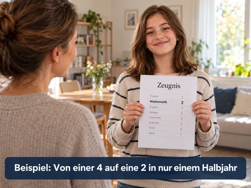 Beispielhafte Entwicklung: Eine Schülerin zeigt stolz eine 2 in Mathematik, während ihre Mutter sie ansieht. Bildtext: Beispiel: Von einer 4 auf eine 2 in nur einem Halbjahr.