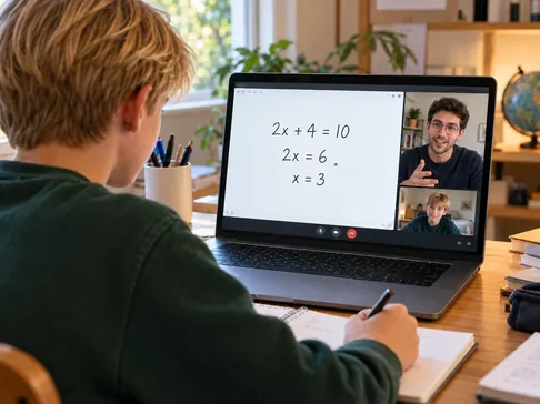 Schüler lernt mit einem studentischen Tutor am Laptop. Das gemeinsame Whiteboard zeigt den Rechenweg bis zur Lösung x = 3.