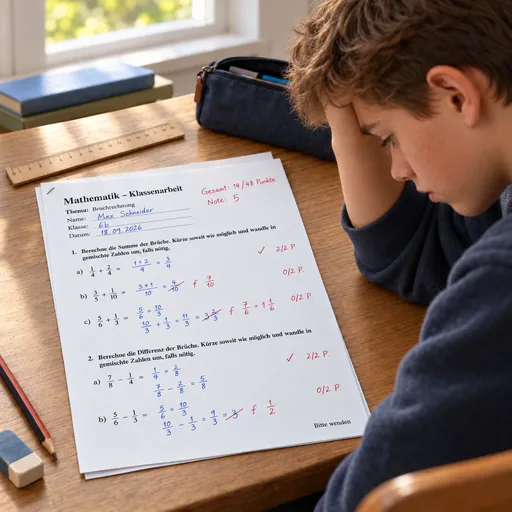 Schüler blickt enttäuscht auf eine korrigierte Mathematik-Klassenarbeit